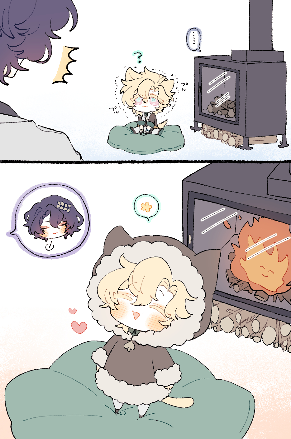 the image is a multipanel comic featuring cute chibistyle anime characters. the first panel shows a darkhaired person looking at a blondhaired boy sitting near a woodburning stove. the second panel shows the blondhaired boy wearing a warm hooded cloak, warmly sitting near a fireplace with a cheerful expression. the style is soft and pastelcolored, evoking a feeling of warmth and coziness.  there are also small thought bubbles and hearts added to enhance the overall cute and emotional feel.