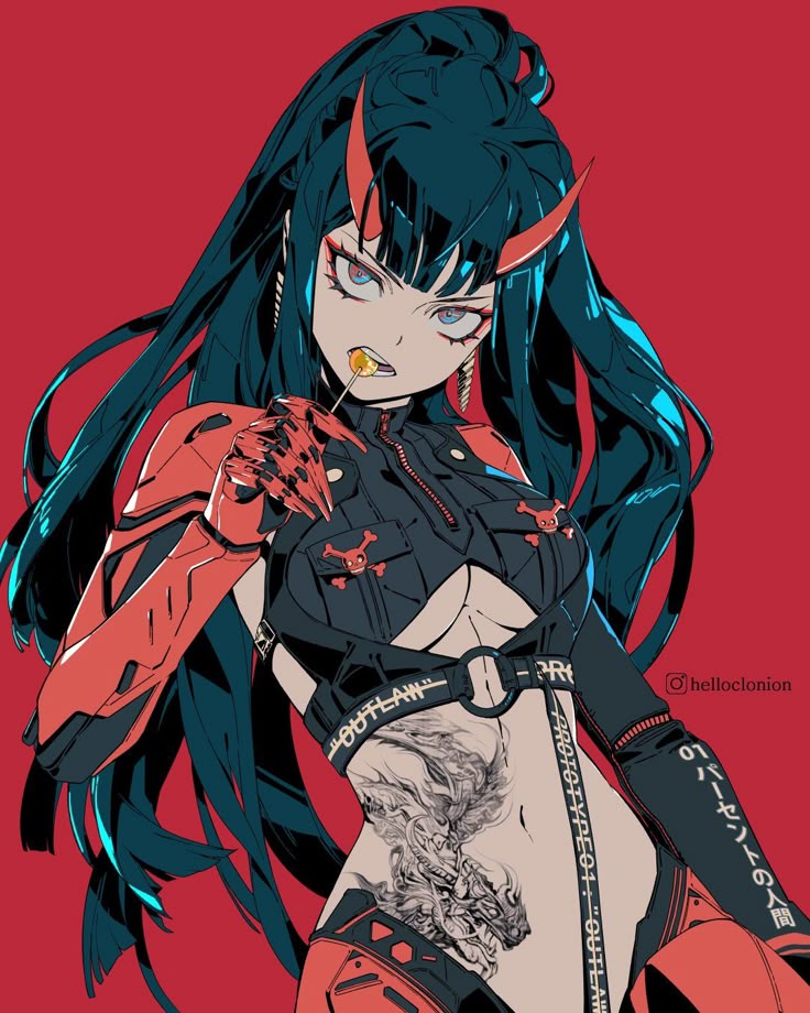 a digital illustration of an anime girl with long black hair and red horns. she is wearing futuristic red and black clothing and holding a lollipop in her mouth. she has a tattoo on her stomach. the background is a solid red color.