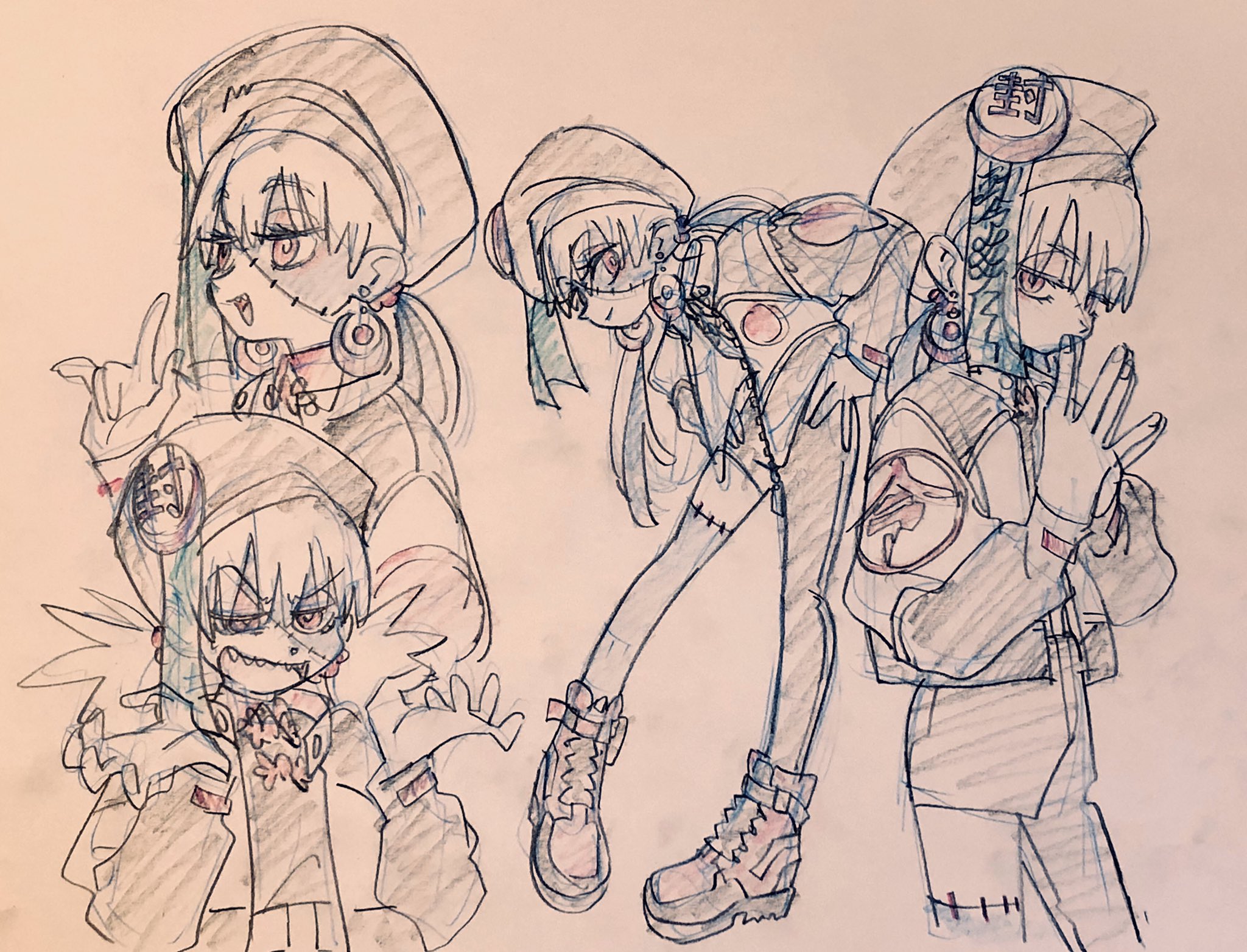 the image is a character design sheet featuring multiple sketches of a single female character drawn in a manga style. she is dressed in stylish streetwear with cyberpunk influences, including a beanie, jacket, and chunky boots. notably, she has stitches on her face and a zipper on her mouth.
