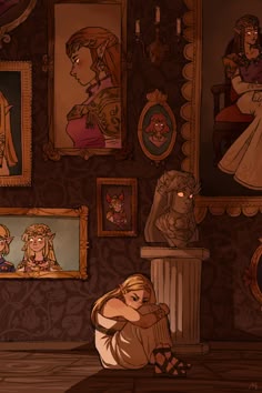 the image depicts a woman sitting on a wooden floor in a gallery. she is dressed in a white gown with long blond hair and is looking down thoughtfully. she is sitting in front of a collection of antique portraits on the wall, all with similar elegant frames.  the woman looks sorrowful and contemplative, almost as if she is lost in thought.