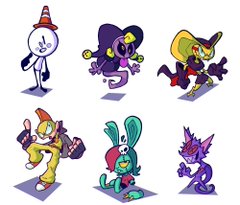 a collection of six cartoon characters are presented against a plain white background. each character exhibits a unique design.  there is a conehead figure, a ghostlike figure adorned with bells, a snakelike figure with a witch's hat, a figure with a traffic cone head, a bunny figure with a skull motif, and a catlike figure with glowing eyes.