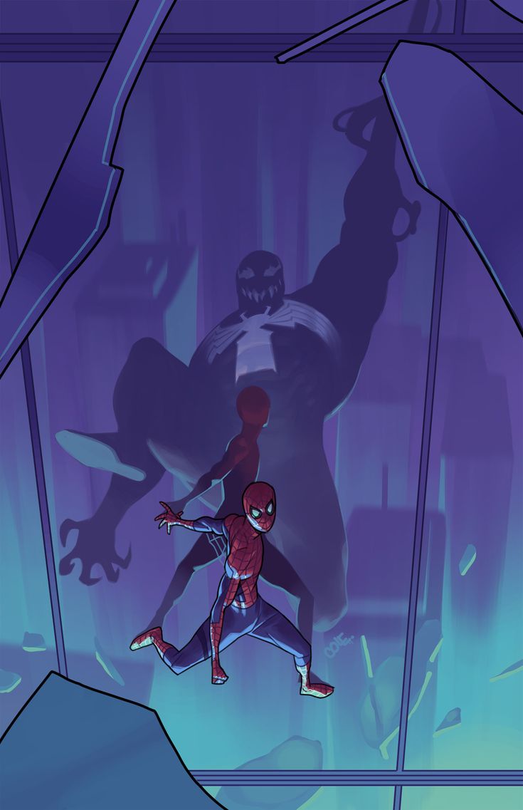 this image shows a digitally painted comic book illustration of spiderman in action against venom. the setting is a futuristic city setting.  spiderman is in the foreground, in a dynamic pose, jumping towards the viewer.  venom is in the background, as a giant silhouette, casting a menacing shadow.  the lighting is dramatic, with spiderman highlighted by a bright light, while venom is shrouded in shadow.  this image captures the excitement and energy of a superhero showdown.
