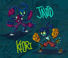 two stylized characters, a fourarmed blue one named javid and a turquoise one named kori, in boxing poses with oversized orange gloves stand before a teal comic bookstyle background.