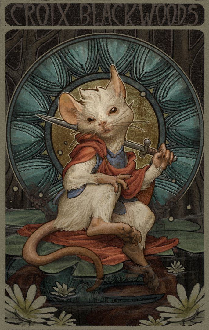 the image shows an anthropomorphic white mouse dressed in a blue tunic and red cloak, holding a sword. it's positioned in front of a circular, stylized background, and the composition resembles a tarot card. the mouse is sitting on lily pads amidst white flowers. the words "croix blackwoods" are inscribed at the top of the card. the art style is detailed and has a fantasy feel.