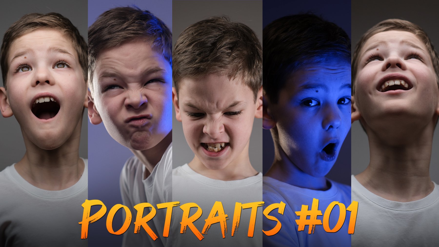 his image showcases a series of six portraits of a young boy displaying various facial expressions.  each portrait is distinctly lit, with one portrait featuring a blue light. the expressions range from surprise and shock to disgust, anger, and happiness. the background is a simple gray, allowing the boy's face to be the focus.  the overall style is a closeup portrait series, likely meant to show a range of emotions or for a photography portfolio. the text "portraits #01" is prominently displayed at the bottom center.