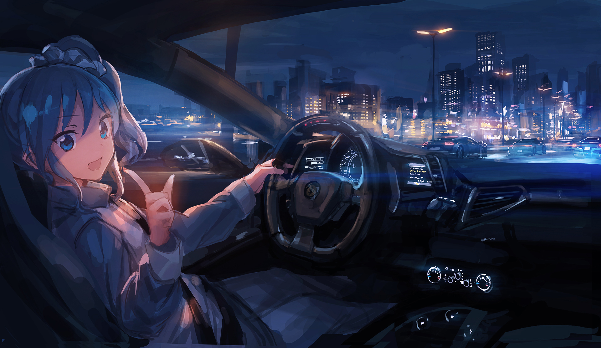 the image is a digital painting of an anime girl with blue hair driving a sports car at night through a futuristic city.  the girl is positioned in the foreground, looking towards the viewer and giving a playful hand gesture.  the city skyline is visible through the car's windshield, glowing with neon lights and showcasing a blend of modern and slightly fantastical architecture. the car's interior is detailed, with visible gauges and a steering wheel. the overall style is vibrant and dynamic, blending elements of anime and a slightly cyberpunk aesthetic.