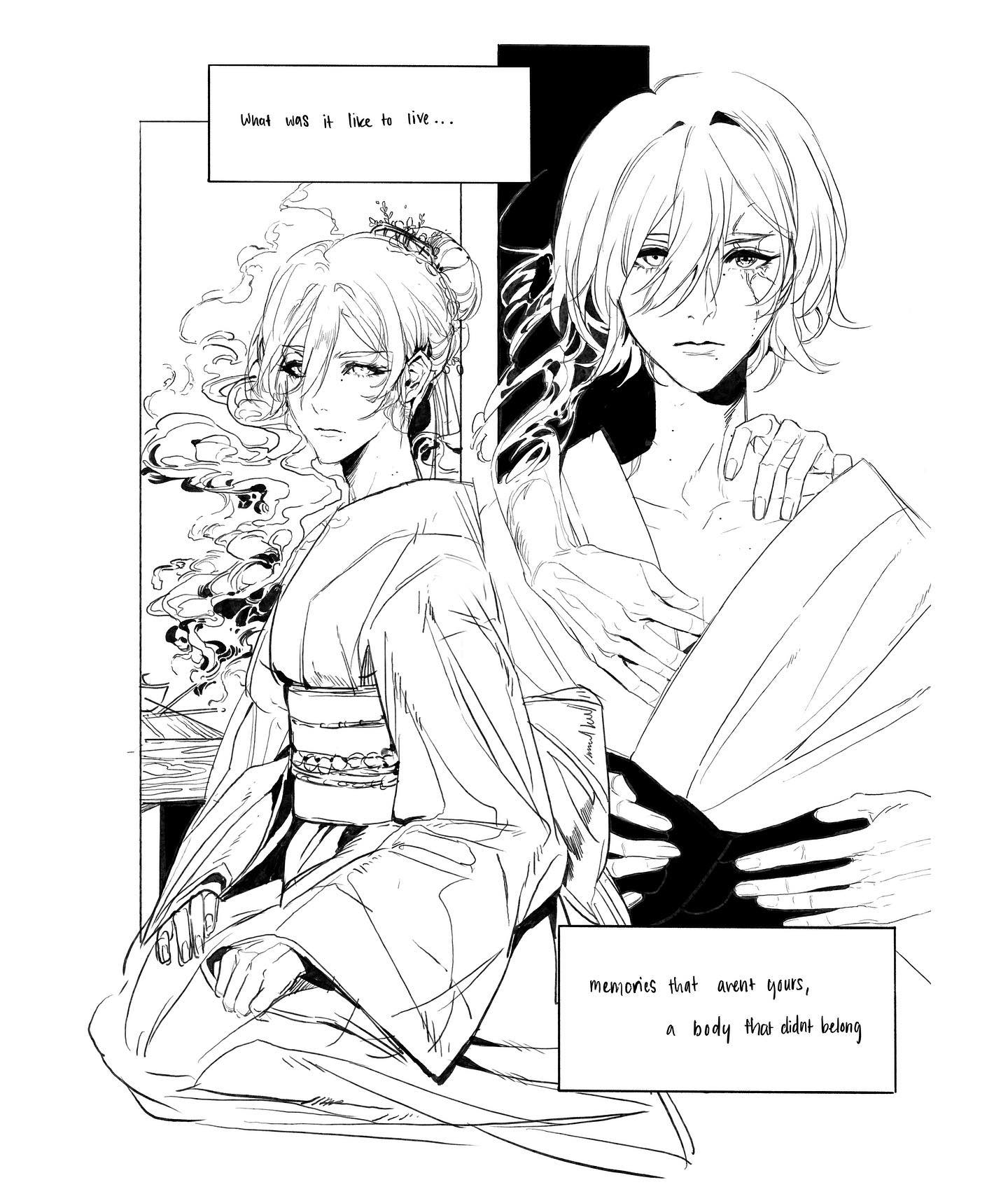 this is a black and white illustration of two women embracing. the woman in the back has long hair and is wearing a flowing garment while the woman in the front has short hair and is wearing a kimono. the women are both looking down and appear to be sad or thoughtful. the illustration is drawn in a manga style with delicate lines and shading. the text in the image speaks to the feeling of not belonging in a body or memories that are not your own.