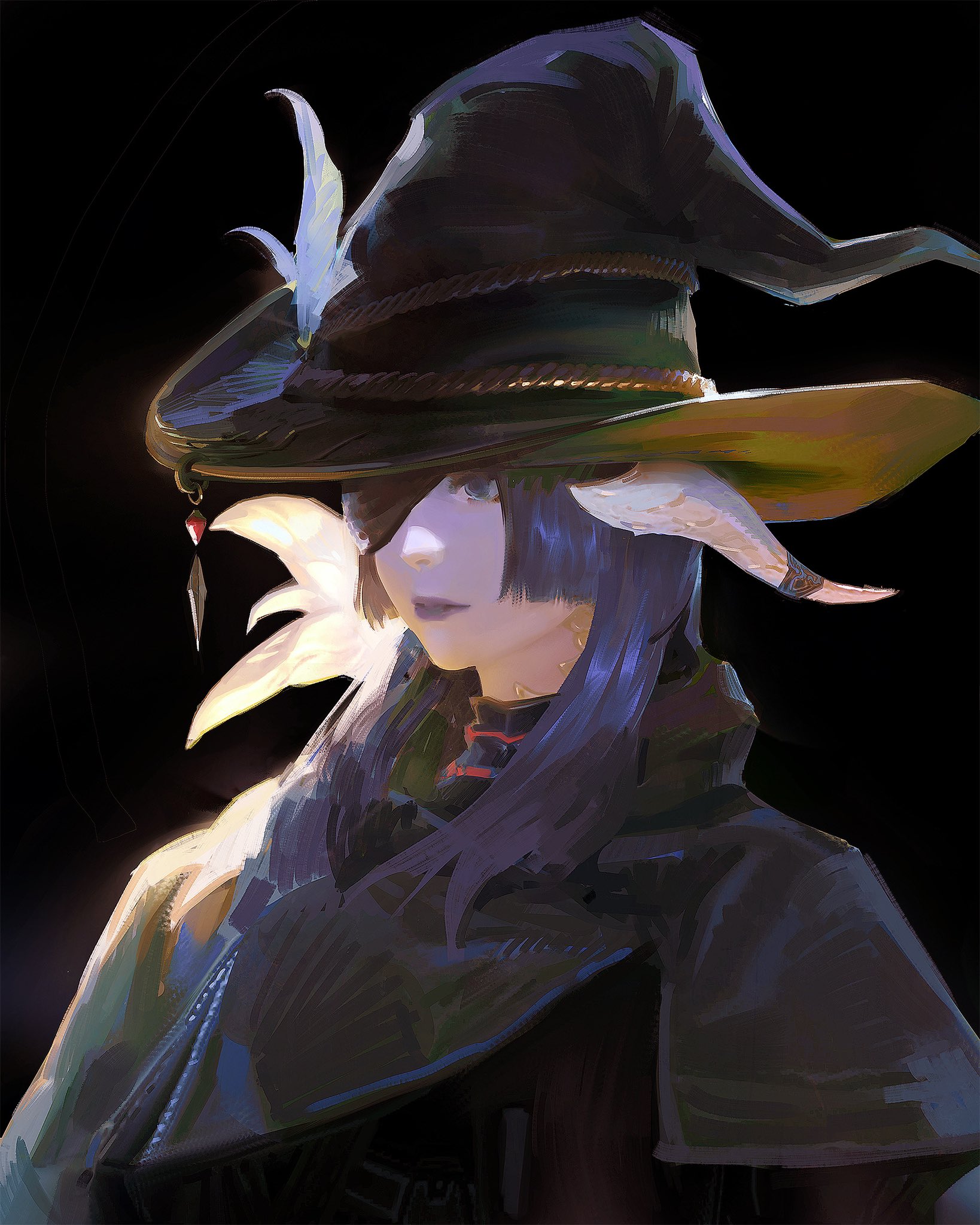 a digital painting of an anime girl. she is wearing a large hat with a white feather and a black and blue dress. her hair is blue and she has an eye patch over her left eye. she is looking at the viewer with a serious expression. the background is dark and mysterious.