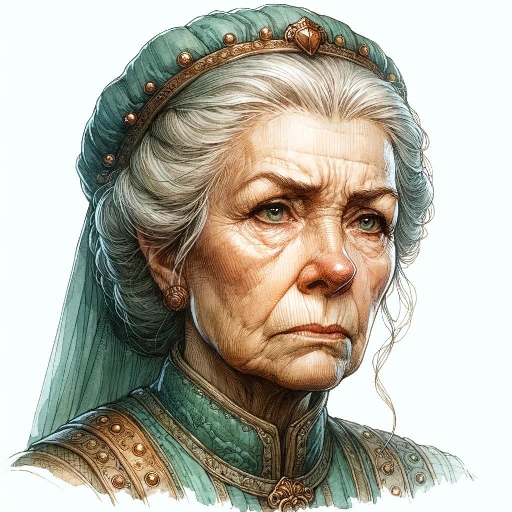 a closeup portrait of an elderly woman with gray hair and a serious expression. she is wearing a traditional, regal headwear with a crown adorned with gold ornaments. her face shows signs of age, with wrinkles and fine lines. the woman is dressed in a green and gold gown, indicating her status and wealth. the painting is very detailed and realistic, with a focus on the woman's features. the background is simple and white, allowing the subject to stand out. the overall feeling is one of dignity, wisdom, and authority.