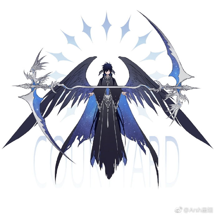 the image shows a single male character with long black hair, standing with outstretched arms. he wears an elaborate dark robe with celestial patterns and possesses large, black feathered wings. in each hand, he holds a unique weapon: a stylized scythe in one and a bowlike weapon with an arrow nocked in the other. both weapons have intricate designs and a celestial, almost galactic, aesthetic. the character is positioned centrally against a white background, with a faint circular design behind him. the overall style leans towards a dark, ethereal fantasy theme.