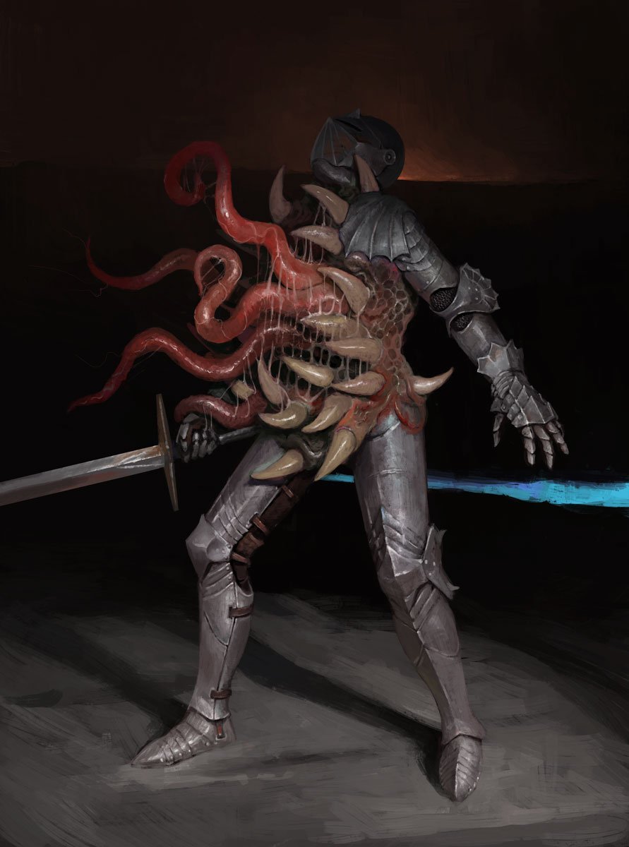 the image depicts a knight in full plate armor standing in a dimly lit space.  however, the knight is clearly not human anymore. monstrous, fleshy tentacles with sharp claws erupt from his back, tearing through the metal plates. the flesh is a sickly pale pink contrasting with the dark, metallic armor.  the knight's posture suggests a degree of control over the transformation, but the overall image is unsettling and disturbing. he holds a sword in his left hand and the tip of a glowing blue blade can be seen behind him, adding to the scene's mysterious and possibly violent nature.