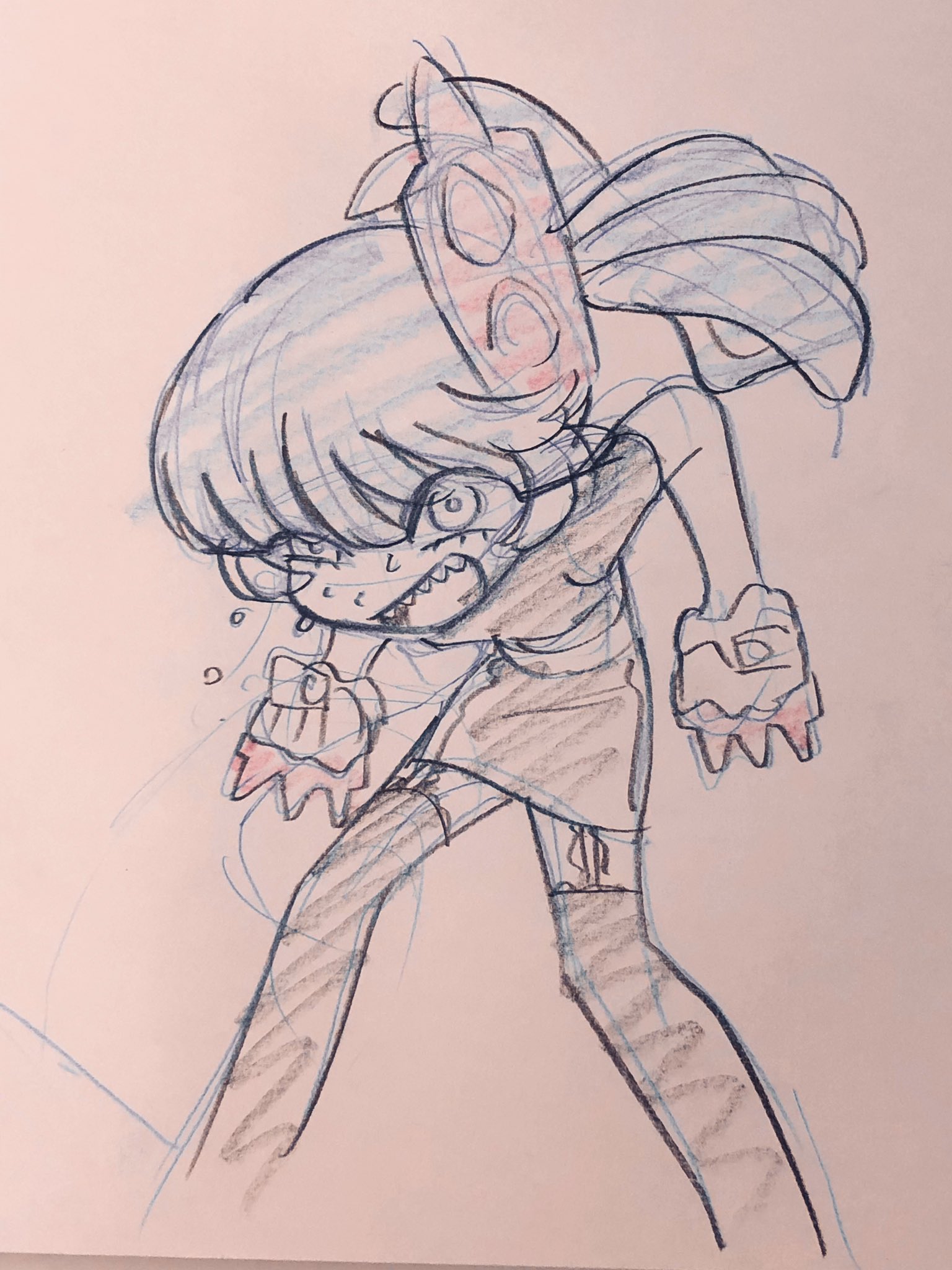 it appears to be a handdrawn sketch, possibly in pencil or charcoal, of a young girl with short hair, who seems to be in distress. her facial expression suggests anger and frustration, with furrowed brows, clenched teeth, and tears welling up in her eyes. the style of the drawing leans towards anime or manga, with exaggerated features and dynamic lines to convey emotion. she is wearing a dress and what looks like gloves.