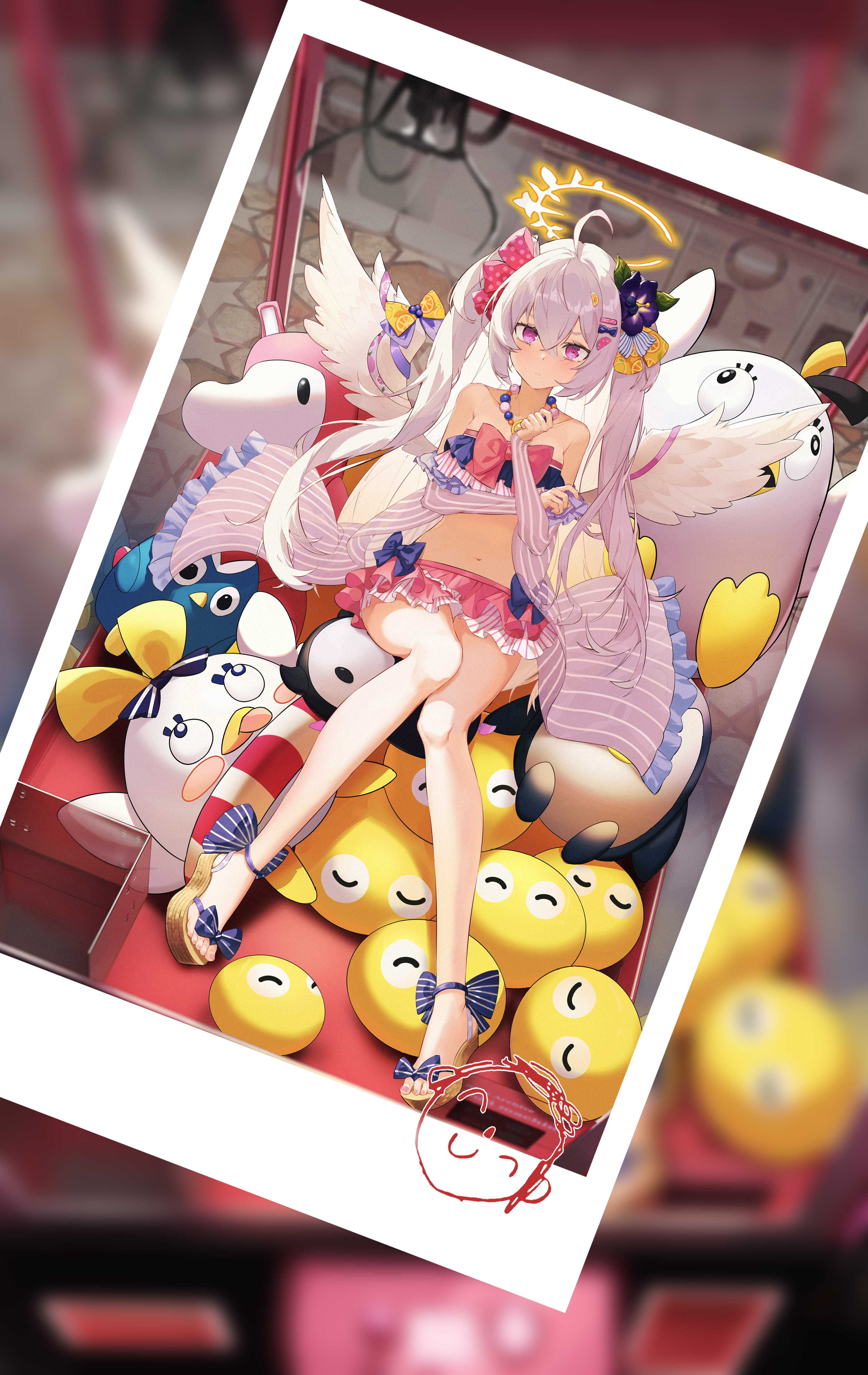 the image is a vibrant digital illustration of a cute anime girl with long white hair, angel wings, and a halo. she's dressed in a pastel pink and white summery swimsuit and sandals. she is surrounded by numerous adorable yellow and white plush toys resembling cartoon animals in a red claw machine or crane game. the scene is depicted within a pinkbordered polaroidstyle frame, adding to the cute and nostalgic aesthetic.  the overall style is bright, colorful, and very kawaii (cute).