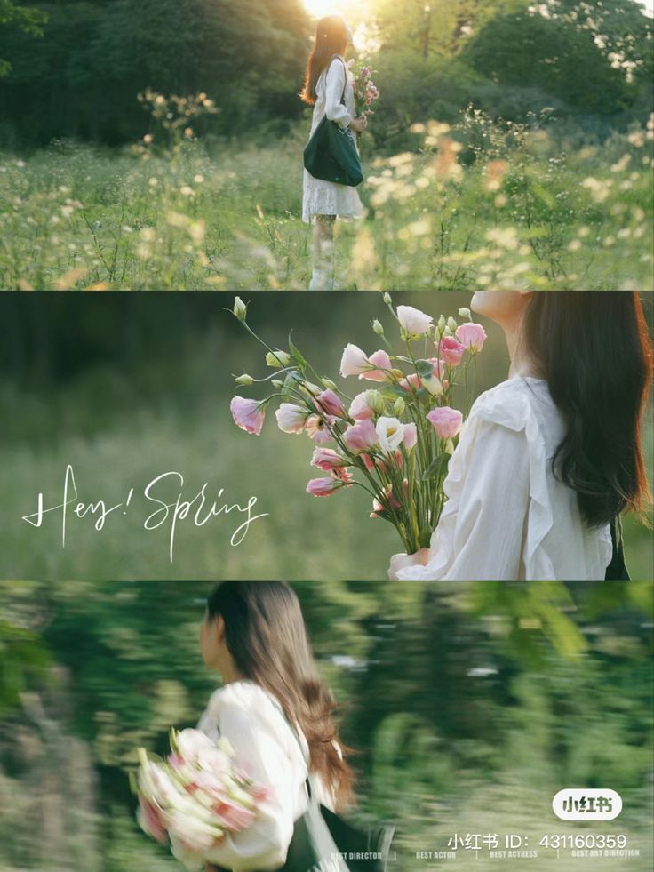 a threeimage collage depicting a young woman in a white dress enjoying spring. the top image shows her walking in a field of flowers carrying a bag. the middle image features a close up of a beautiful bouquet of eustoma flowers. the bottom image shows her running through a green blurry landscape, holding a bouquet.  the overall feel is romantic, serene and peaceful, with a pastel color palette.  the text "hey! spring" is prominently displayed on the middle image.  there are also some chinese characters and numbers that appear to be a watermark or copyright information.