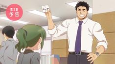 an anime still with a man holding up a piece of paper and a girl with green hair looking on.