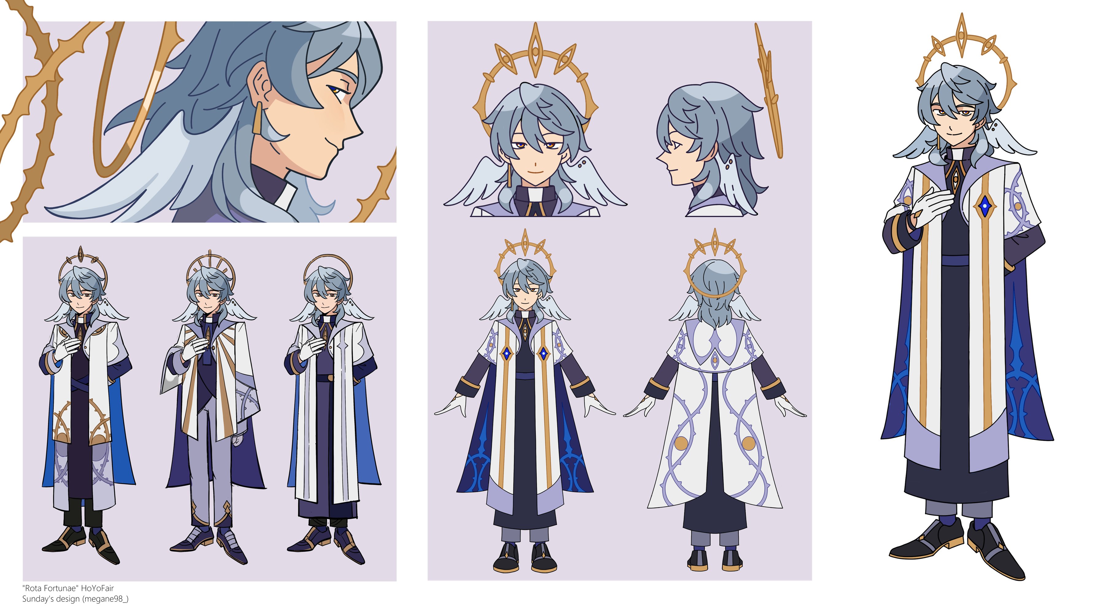 this image is a character design sheet for an animestyle male character.  the character is depicted in a priestlike outfit with angel wings and a halo, suggesting a holy or angelic persona. the sheet shows the character in various poses and angles, including a profile view, front and back views, and 3/4 views. different variations of the outfit are also presented. the style is clean and detailed with an emphasis on clothing design and character expression. the artwork is likely digitally created and is suitable for animation or game development. the bottom left corner has a credit to "rota fortunae" and "sunday's design".