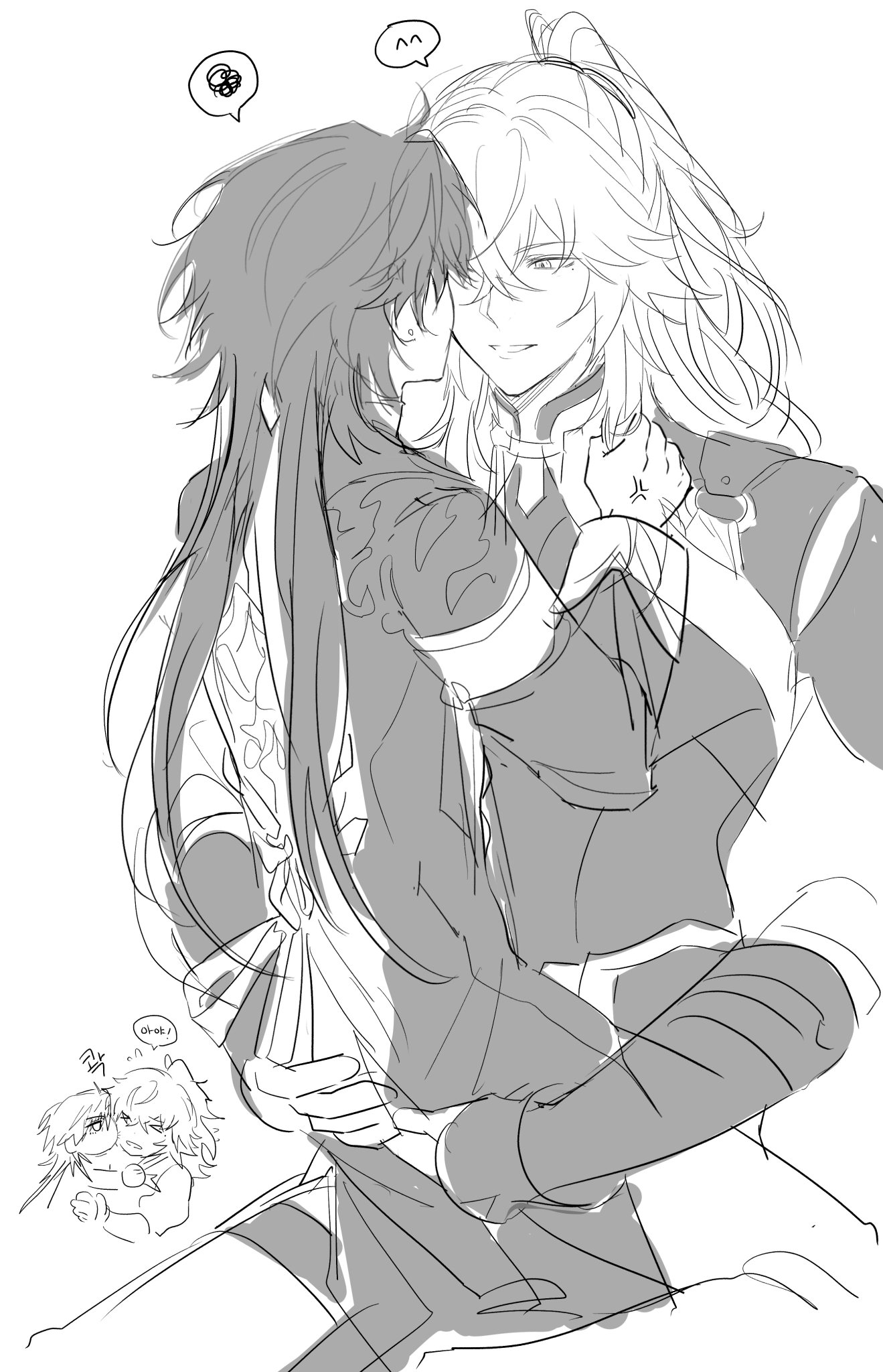 this is a black and white line art drawing of two anime characters, a male and a female, hugging each other. the male character has long blonde hair and is smiling, while the female character has long dark hair and is looking at the male character with a loving expression. the drawing is done in a sketchy style and appears to be a depiction of a romantic moment between two characters. the drawing is surrounded by speech bubbles, indicating that the characters are talking to each other. in the bottom left corner, there is a small figure of another character, seemingly observing the scene.
