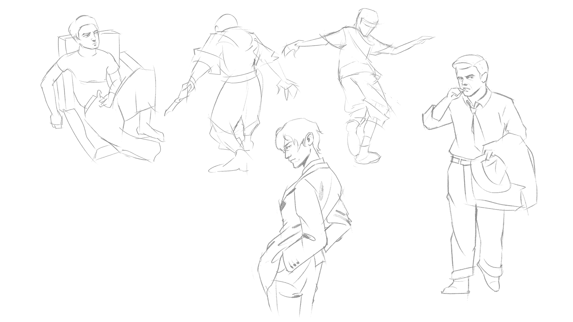 this is a pencil drawing of five male figures. they are all in different poses and appear to be in various stages of sketching. the figures are drawn in a simple, lineart style. the background is white.  the figures are drawn in a casual, relaxed style.