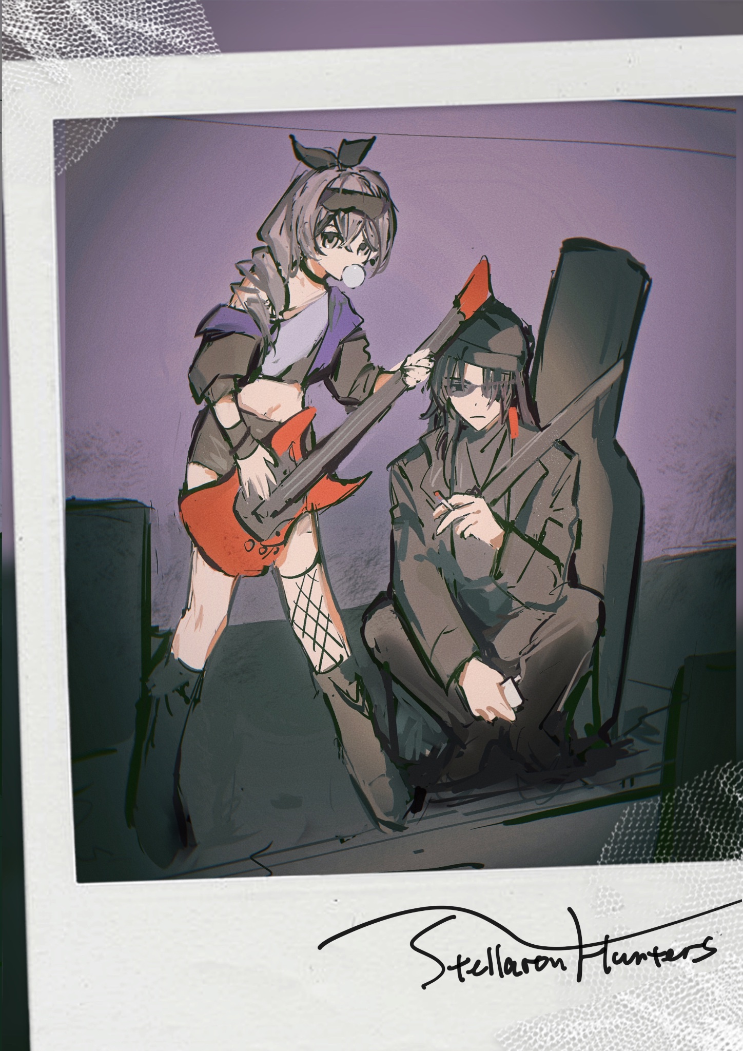 this is a drawing of two anime characters. the one on the left is a girl with purple hair. she is wearing a black shirt with a white collar and a black and white skirt. she is holding a red electric guitar. she is looking at the camera with a playful smile. the character on the right is a boy with black hair and blue eyes. he is wearing a black jacket and pants and is holding a black guitar. he is looking at the camera with a serious expression. they both look like they are in a rock band.