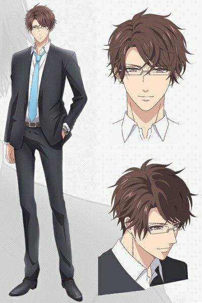 this is an image of an anime male character. he has brown hair and brown eyes. he is wearing a black suit, white shirt and a blue tie. he is also wearing glasses. he has a friendly smile and his left eye is halfclosed. he is standing with one leg slightly bent and his right arm is raised as if he is presenting something. he is looking to the right. the background is white.