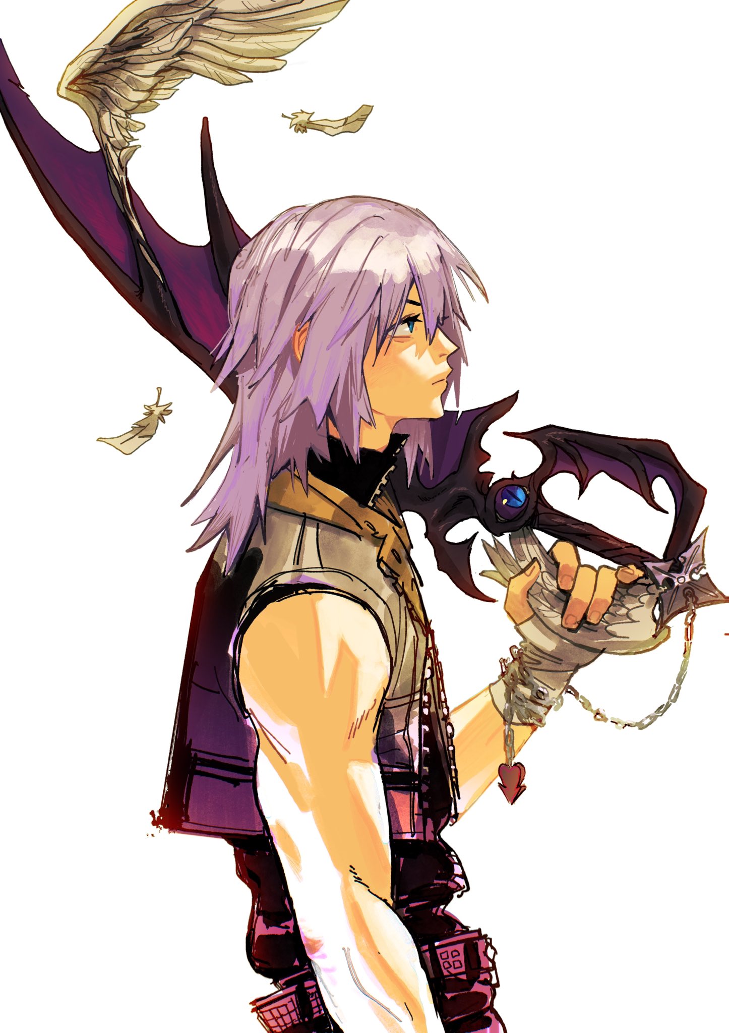 the image is a piece of fanart depicting roxas from the kingdom hearts video game series.  he's shown in profile view, looking off to the side with a serious expression.  roxas is holding his keyblade, oblivion, a darkcolored weapon with unique design elements.  a pair of large wings, one seemingly angelic and the other dark and demonic, are present in the background adding to the dramatic visual. his style of clothing appears more casual than his usual outfit from the game. the art style is a mix of anime and manga influences with a distinct painterly quality to the digital artwork. the overall mood is intense and evocative of the character's internal struggles.