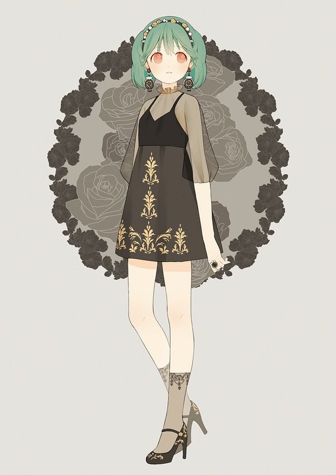 this is an illustration of an anime girl. she has green hair, and green eyes. she is wearing a black dress with golden trim, black shoes, and black lace socks. the background is a circle of black roses.