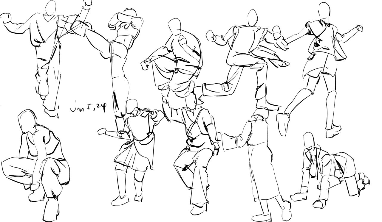 the image contains a collection of quick sketches of human figures in various dynamic poses. the style is expressive and gestural, prioritizing movement and energy over precise detail.  the figures are drawn with loose, flowing lines, capturing the essence of action and posture.  the date "jan 5 2024" is written on the page. the figures are depicted in a range of actions and attire, some appearing athletic, others casual or formal.  the overall impression is a spontaneous and energetic exploration of human movement.