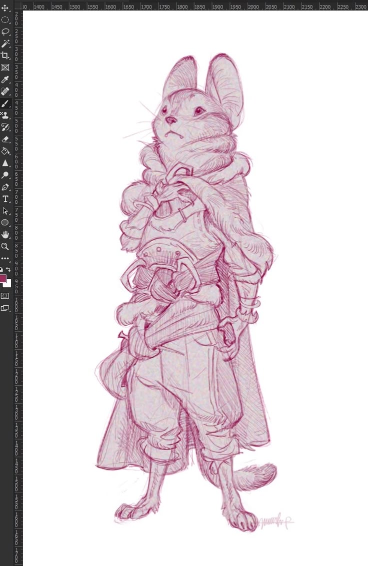 a detailed red pencil sketch shows an anthropomorphic rabbit character wearing medievalstyle clothing. the rabbit is standing with a serious expression, clad in a furlined cloak, armor, tunic, and belt. the character is drawn in a full body pose. the sketch includes shading and fine line details, giving the character a threedimensional appearance.