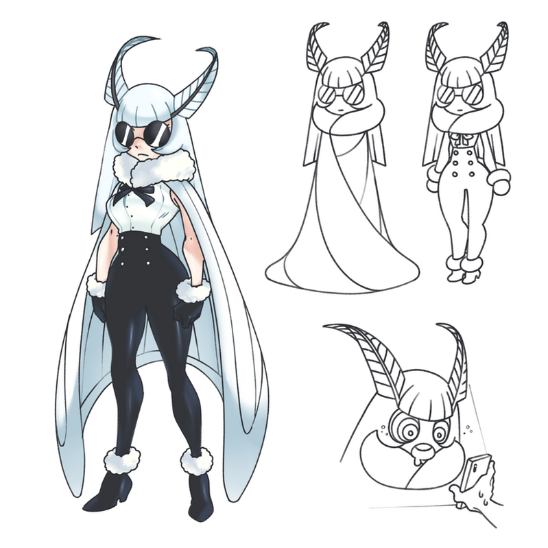 this image shows an anime girl with moth wings, dressed in a white and black outfit with black glasses. she has white wings. to the right, there are other versions of the character in a black and white sketch format.