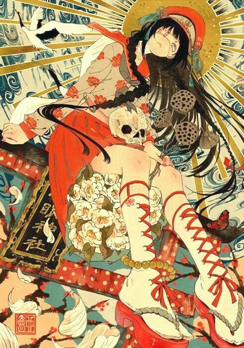 the image is a digital artwork in the style of ukiyoe, a traditional japanese woodblock printing style.  it depicts a young anime girl with long black hair styled in braids, wearing a vibrant red and beige kimonoinspired outfit and ornate geta (wooden sandals).  she is seated on what appears to be an antique book or chest,  surrounded by blooming white flowers (possibly camellias) and lotus seed pods.  a human skull rests in her lap.  the background features a sunburst motif with swirling blue and gold patterns and stylized cranes in flight.  the overall aesthetic blends traditional japanese elements with anime styling and subtly incorporates macabre imagery, creating a unique and visually striking composition. the artwork is highly detailed, with intricate patterns and textures throughout.