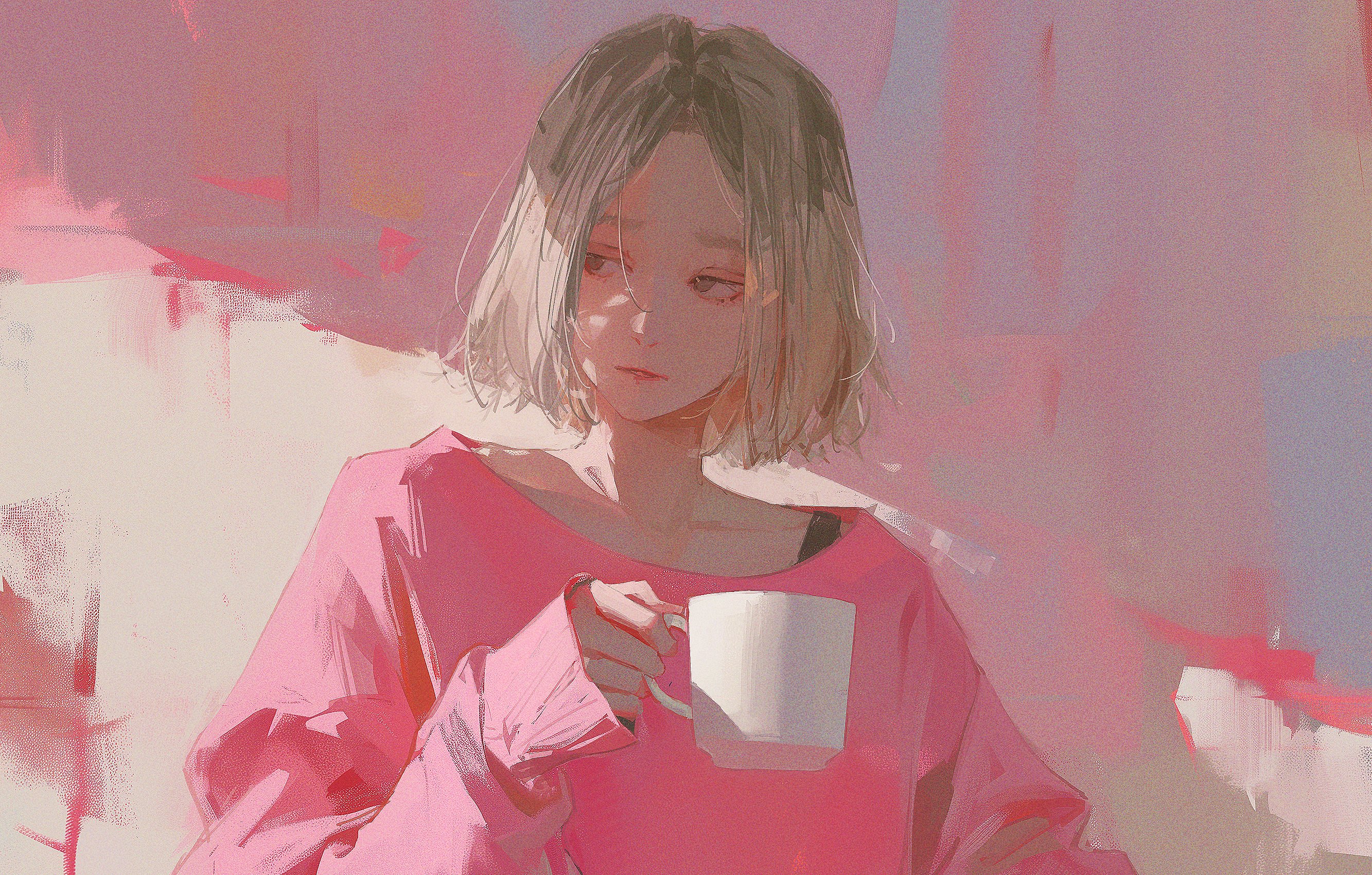 a young woman with short, blonde hair is depicted in a stylized portrait, reminiscent of anime or digital painting.  she is wearing a loosefitting pink sweater and holding a white mug, possibly containing coffee or tea.  the background is a wash of pinks, purples, and creams, creating a soft and dreamy atmosphere. her expression is contemplative, suggesting a moment of quiet reflection.