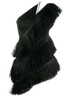 a black oneshoulder dress with a tiered fringe detail. the fringe is layered in three rows, and the dress has a sleek and modern silhouette.  the dress would be perfect for a special occasion, such as a party or a wedding.