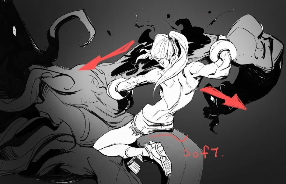 the image is a dynamic grayscale sketch or digital painting depicting a female boxer in midpunch.  she's delivering a powerful blow to a dark, amorphous opponent, possibly a monster or creature. the style is loose and expressive, emphasizing movement and energy rather than precise anatomical detail. red arrows highlight the direction of the punch's force and the opponent's reaction.  the background is dark and shadowy, contrasting with the lighter figure of the boxer. the overall style suggests a comic book or mangainfluenced piece with a focus on action and impactful visuals. the word "soft" is annotated on the drawing, possibly referring to a shading or blending technique used in a specific area.