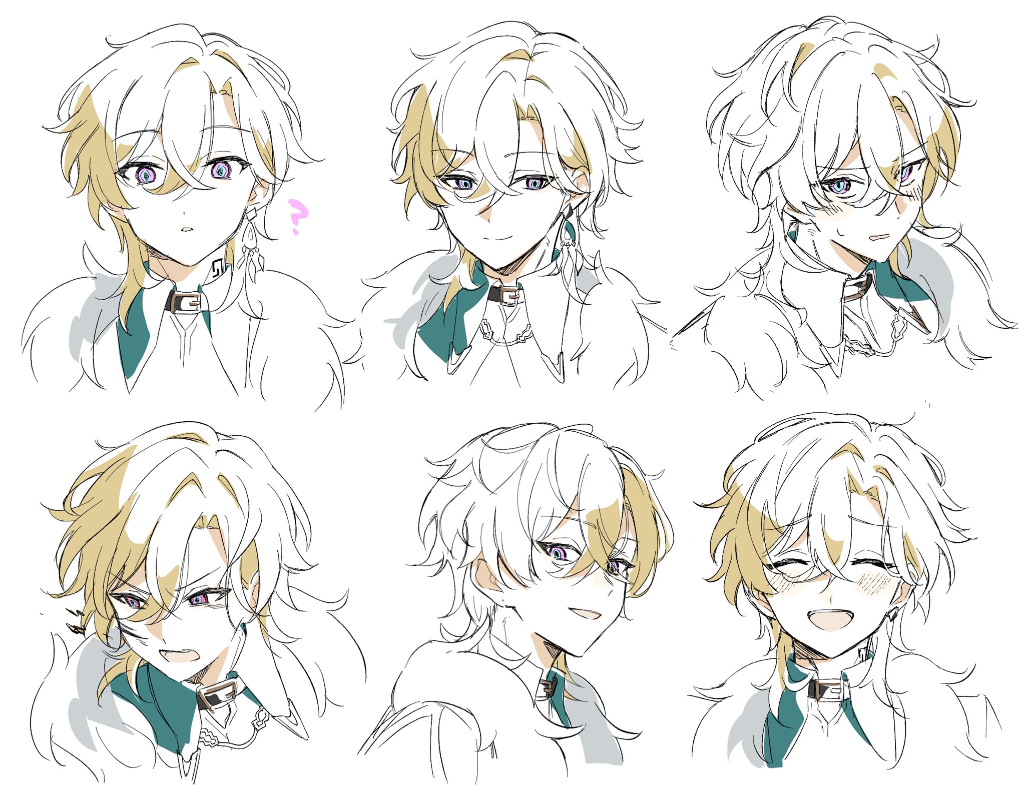 he image contains six different headshots of a young male anime character.  the character has long, whiteblonde hair and purple eyes.  he is depicted in various expressions, including a neutral expression, a slightly smiling expression, a more joyful expression, and a slightly angry or annoyed expression. the art style is loose and sketchy, with a focus on conveying emotion and character rather than highly detailed rendering. the character is consistently wearing a teal and white collar around his neck and a lightcolored coat. each headshot is distinct, showcasing the versatility of the character's expressions.
