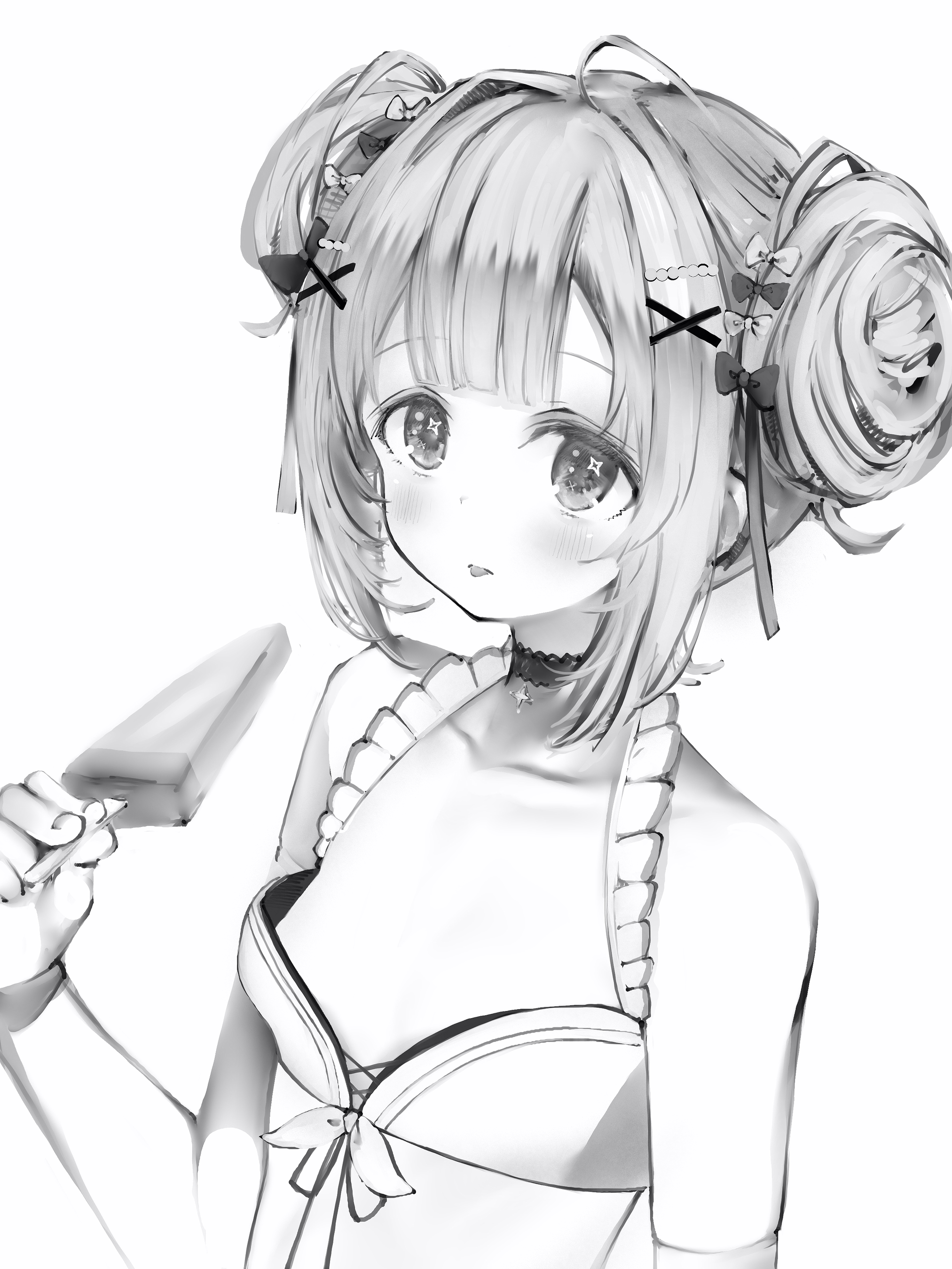 a grayscale illustration of a cute anime girl with her hair in buns, holding an ice cream popsicle. she is wearing a summery dress with ribbons and bows. the style is reminiscent of manga or anime artwork, with soft shading and expressive eyes. the overall mood is light and sweet.