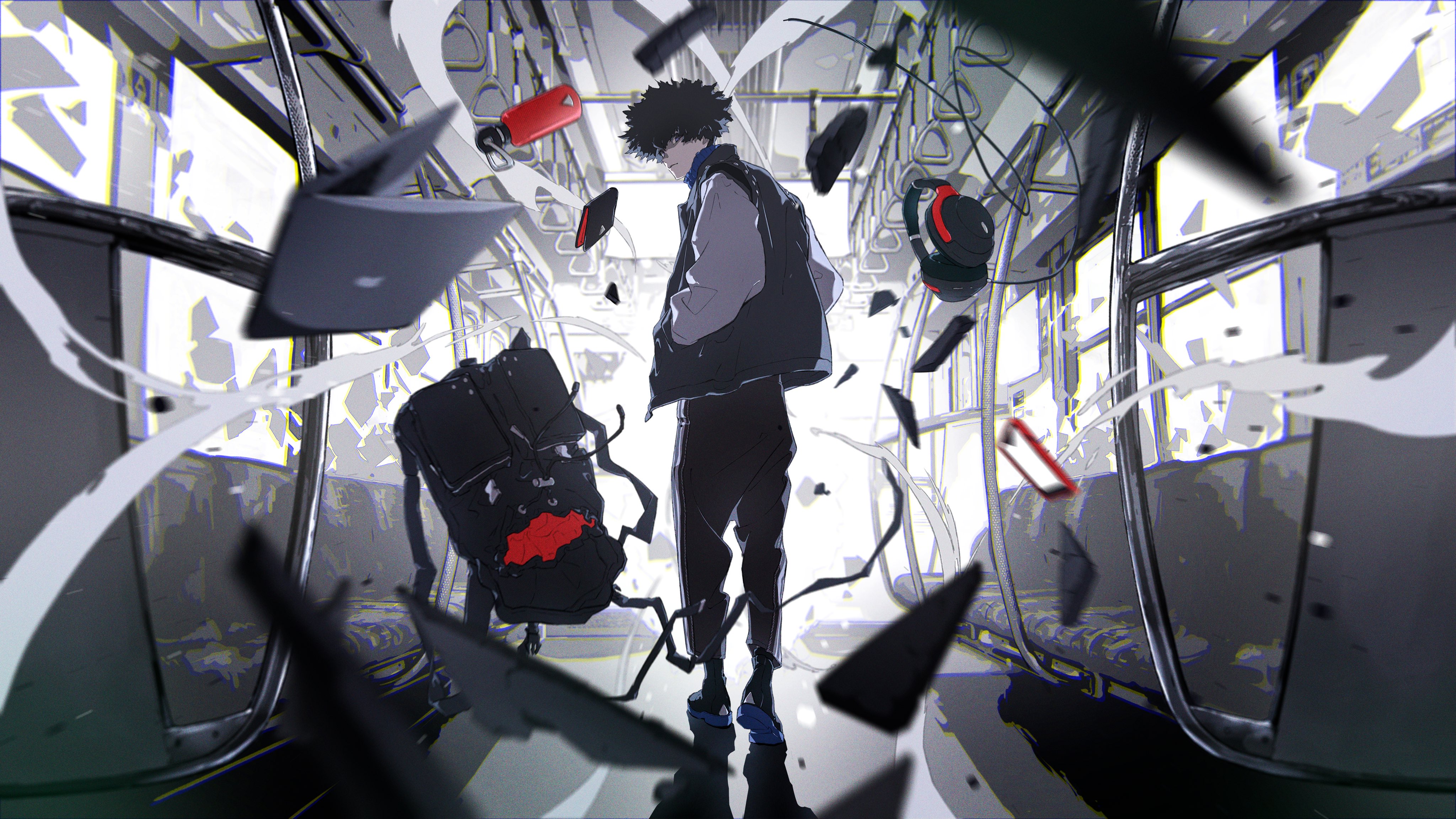 the image depicts a scene inside a train carriage in an anime art style. a male character stands in the center, facing away from the viewer, wearing a jacket, pants, and shoes. a backpack sits next to him. various objects, including headphones, a phone, and a laptop, are flying in the air, along with fragments of broken glass. the color palette is primarily monochromatic.