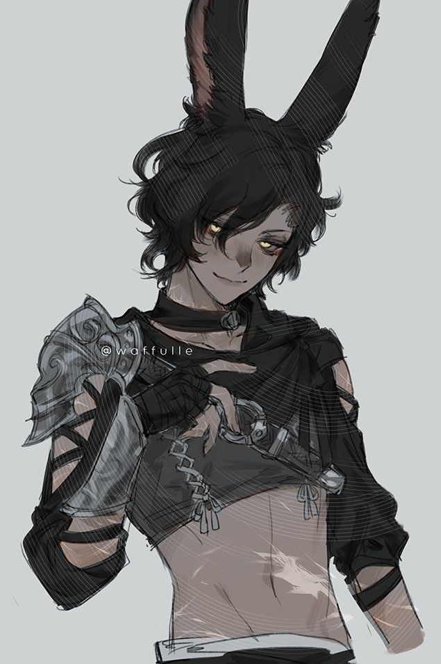 the image is a digital drawing of an animestyle male character. he has dark hair and prominent rabbit ears, giving him a whimsical yet edgy aesthetic. he is dressed in a dark, stylized outfit with armorlike details on his arms and a cropped top showing his toned abdomen. his expression is a confident smirk, enhancing his bold and stylish look. the background is a simple, muted grey. the overall style of the art is semirealistic, with soft shading and visible brushstrokes adding depth to the illustration. the artist's watermark, "@wafulle", is subtly present.
