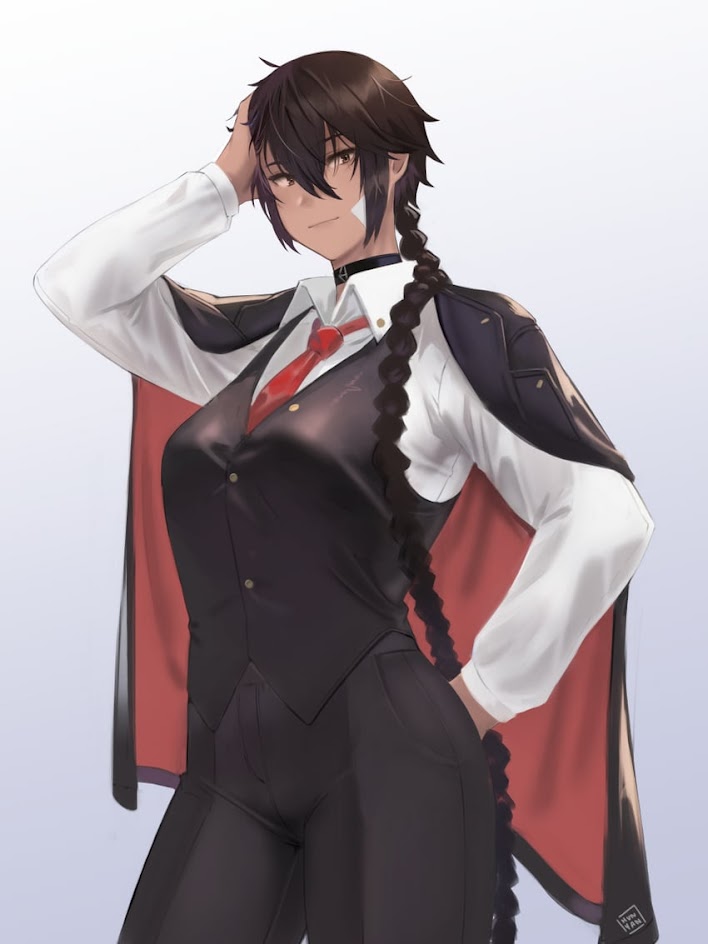 this is a digital illustration of a woman with black hair in a long braid wearing a black suit with a red tie, white shirt and a black choker. she has a red cape and black pants. the woman is standing in a pose and she is looking away.