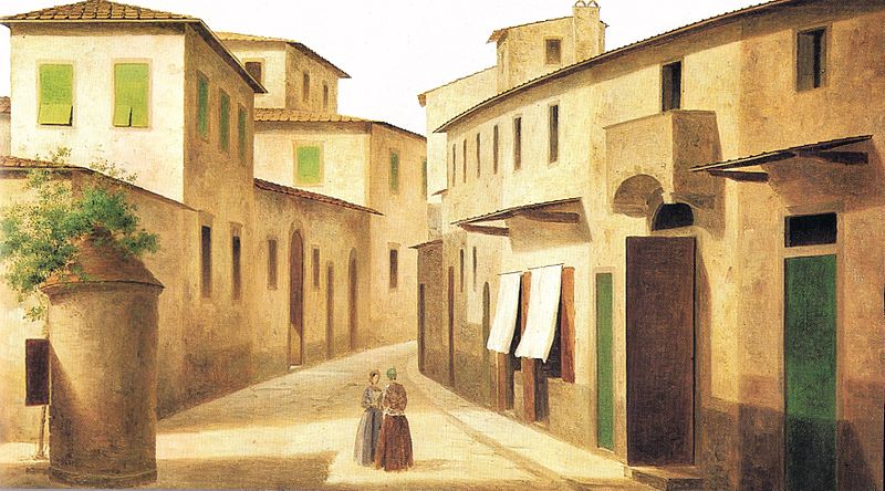 this is a painting depicting a street scene in an italianstyle town. the street is lined with buildings made of lightcolored stone, featuring tiled roofs, windows with green shutters, and arched doorways. two women dressed in historical clothing are standing in the middle of the street, facing each other. an awning hangs over a shopfront with closed awnings. a tree grows in a cylindrical planter on the left side of the street. the painting captures a quiet, historical atmosphere.