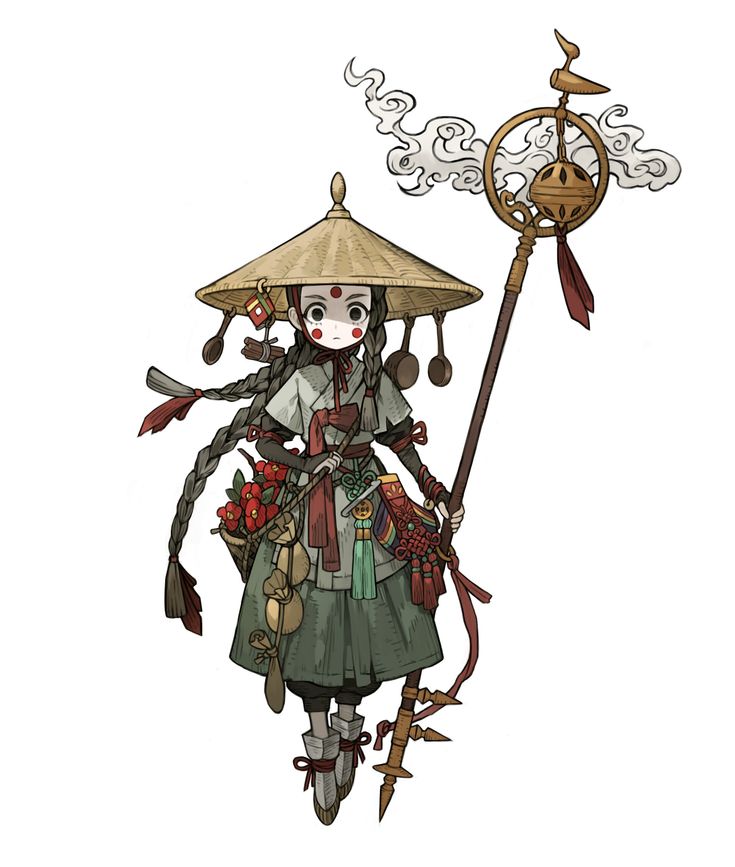 a digital illustration of an anime style girl in a traditional asian outfit. she has a braid, holds a staff and a bag, and is wearing a wide hat and a red ribbon around her waist. she is dressed in a traditional japanese/chinese/korean garb.