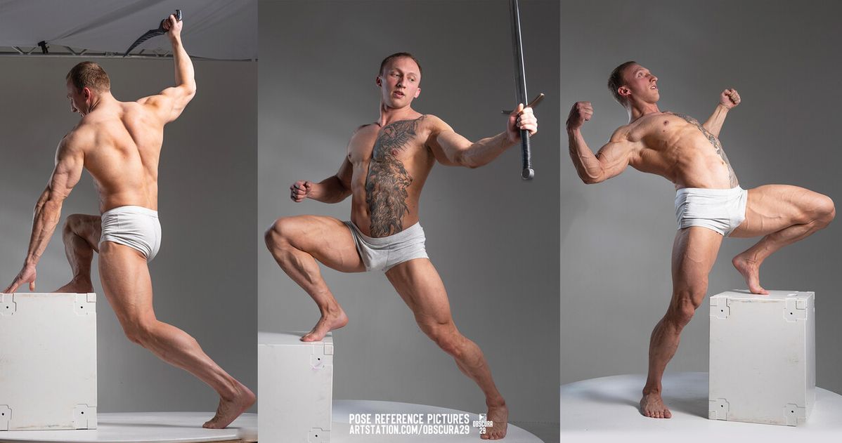 the image is a compilation of three studio shots of a muscular male model. each shot features him in a dynamic pose, utilizing a white box as a prop. the first image shows him from the back, holding a knife aloft. the second image is a side view of him holding a sword, revealing a prominent tattoo on his chest. the third image presents him in a triumphant pose, leaning back with his hands clenched, and part of his leg on top of the box. in all three shots, he is wearing white underwear and is barefoot. the background is a simple gray backdrop, typical of a studio environment.
