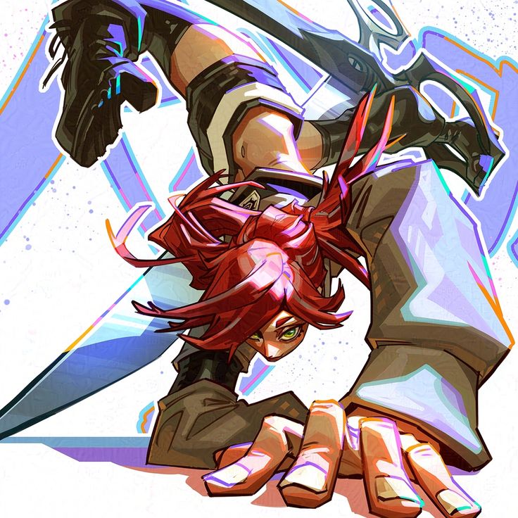 a woman with red hair and black clothes is holding a sword in her hand. her hand is reaching out towards the viewer as she looks at them with a fierce expression. she is standing in a fighting pose. the background is a white background with some light blue and pink accents. the art style is anime/manga.