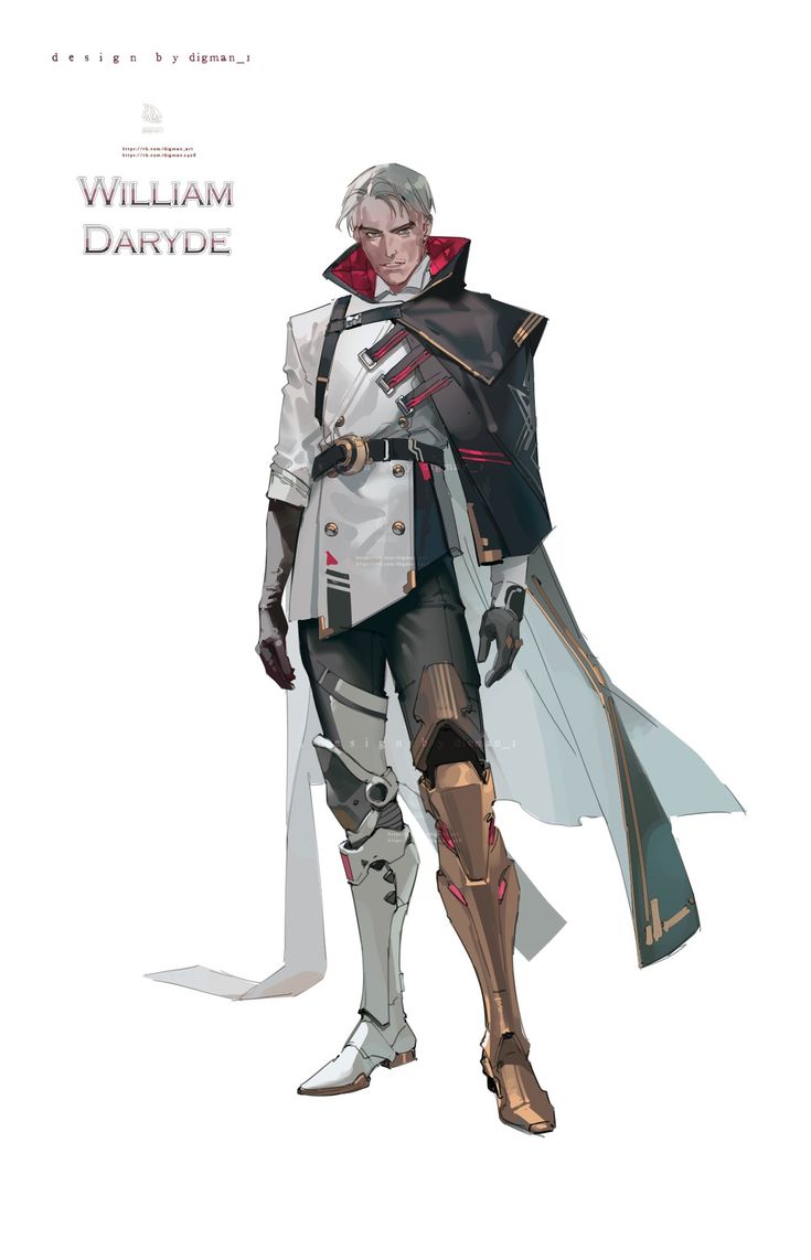 the image shows a fullbody illustration of a character named william daryde, designed by digman_.  he's depicted in a stylized anime or mangainfluenced style, wearing a futuristic militarystyle uniform consisting of a long white coat over a dark outfit, with gold and white armor plating on his legs and boots.  he has white hair and grey eyes, and his expression is serious. the character is standing in a slightly posed position against a plain white background. the artist's name and character's name are clearly visible. the overall aesthetic blends scifi elements with a touch of elegance.