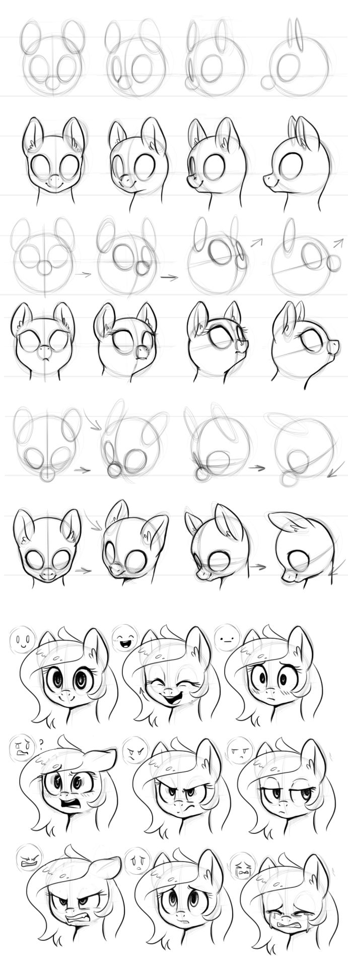 the image is a stepbystep tutorial on how to draw a cartoon pony head from various angles. it starts with basic shapes for the head and gradually adds details like eyes, ears, and mane. the bottom rows showcase different facial expressions of the pony.  the tutorial is drawn in black and white.