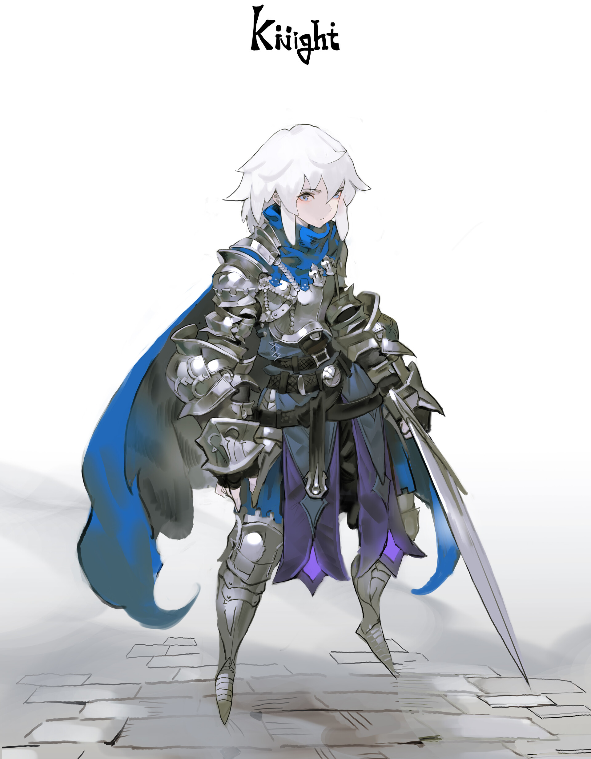 a fullbody illustration of an animestyle knight with white hair, wearing silver armor and a blue cape, holding a sword, and appearing to cry. the word "knight" is written above the character.