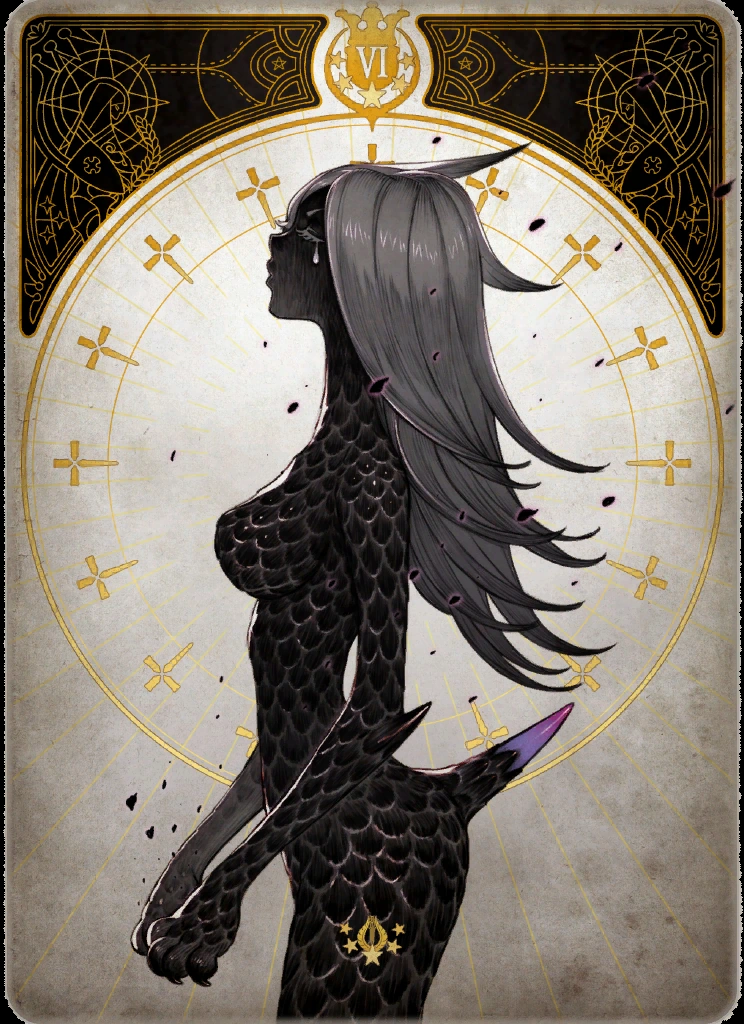 the image depicts a female character, rendered in shades of gray and black, set against a stylized tarot card background. her reptilianlike skin, complete with scales, and the presence of horns and a tail hint at a monstrous or demonic nature. the character is positioned in profile, her gaze lifted in an attitude suggestive of mourning or despair. the background features intricate patterns and symbols reminiscent of traditional tarot card designs, further enhancing the mystical and melancholic atmosphere.