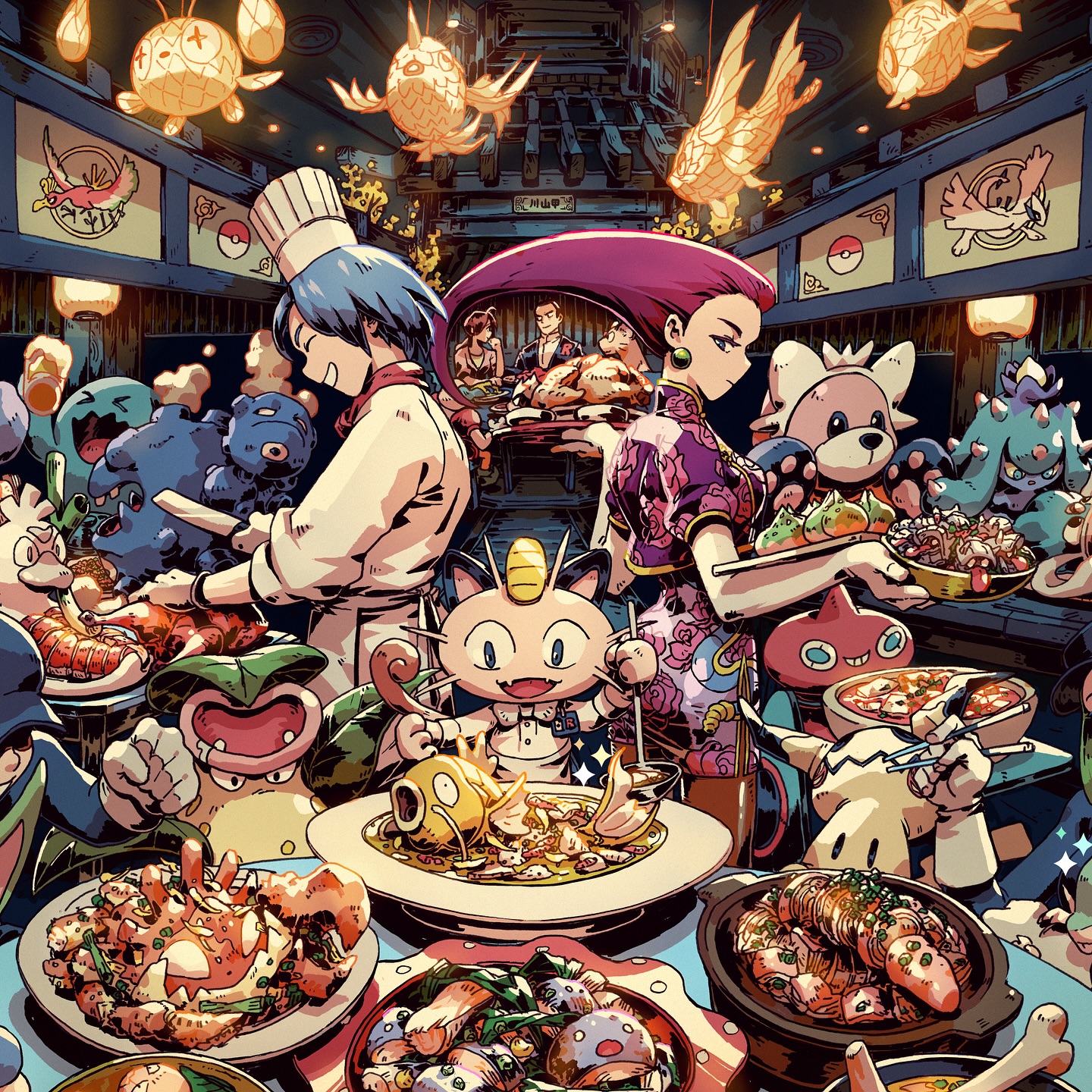 a vibrant and colorful illustration depicts a bustling pokemonthemed restaurant filled with various pokemon characters enjoying a large feast of chinese cuisine.  two human characters, seemingly misty and a chef resembling her, are preparing and serving the food.  the scene is lively and festive, with lanterns and traditional decorations adding to the atmosphere.  a wide array of dishes are displayed, showcasing the deliciouslooking food. many recognizable pokemon are present, including mewtwo, pikachu, and others, interacting with each other and the food. the overall style is reminiscent of anime and manga artwork, with a focus on detailed characters and food items.