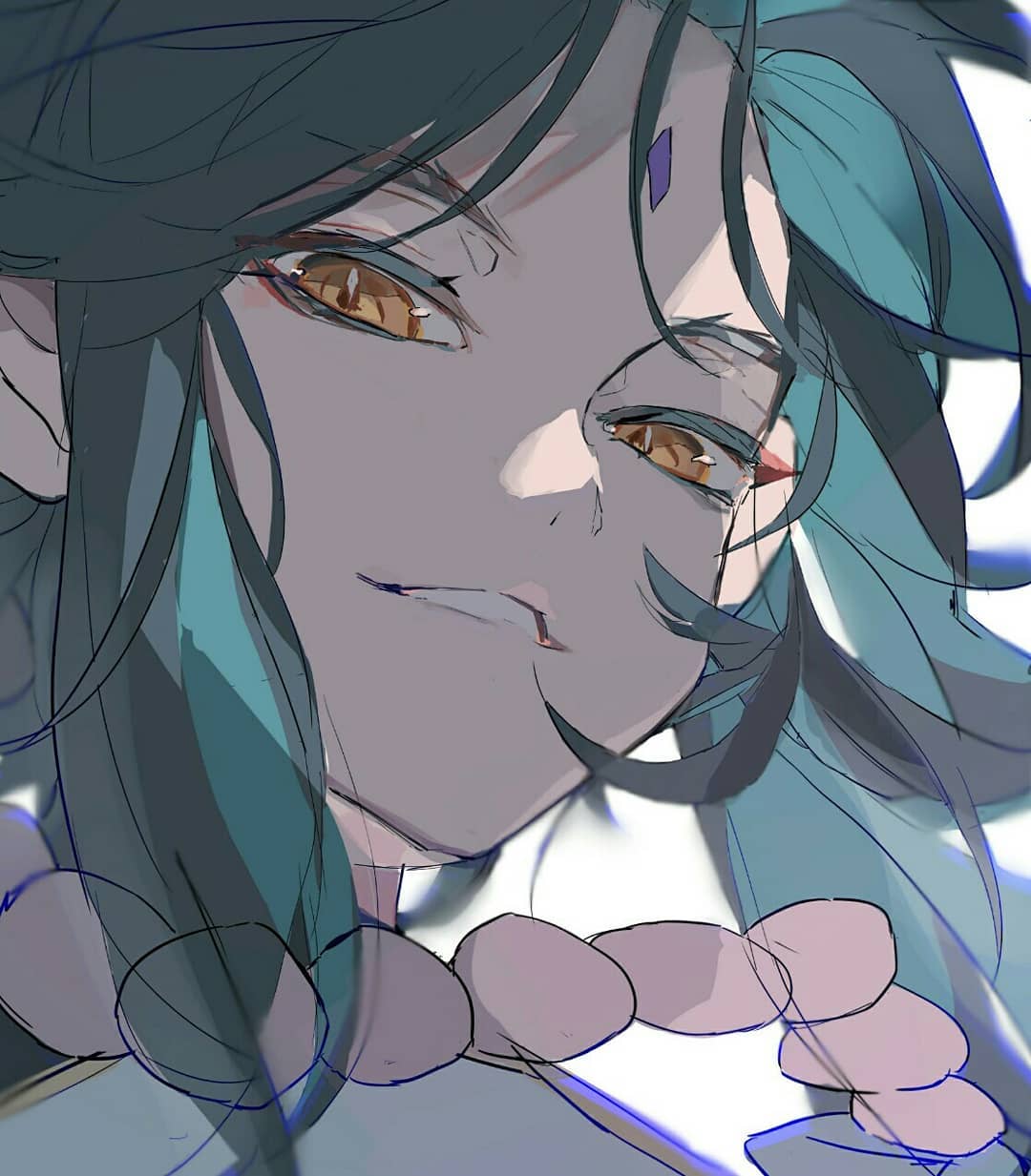 the image is a closeup digital drawing or painting of an animestyle character. the character has long, flowing teal hair, striking golden eyes, and a subtle smirk on their face. they have a small purple marking on their forehead. the style is somewhat sketchy and unfinished, with visible brushstrokes and a focus on the character's expression and features. the character wears a necklace or adornment made of rounded beads. the overall mood is mystical and mysterious, with a hint of elegance. the art style leans towards a more modern, less polished aesthetic common in certain forms of fanart.