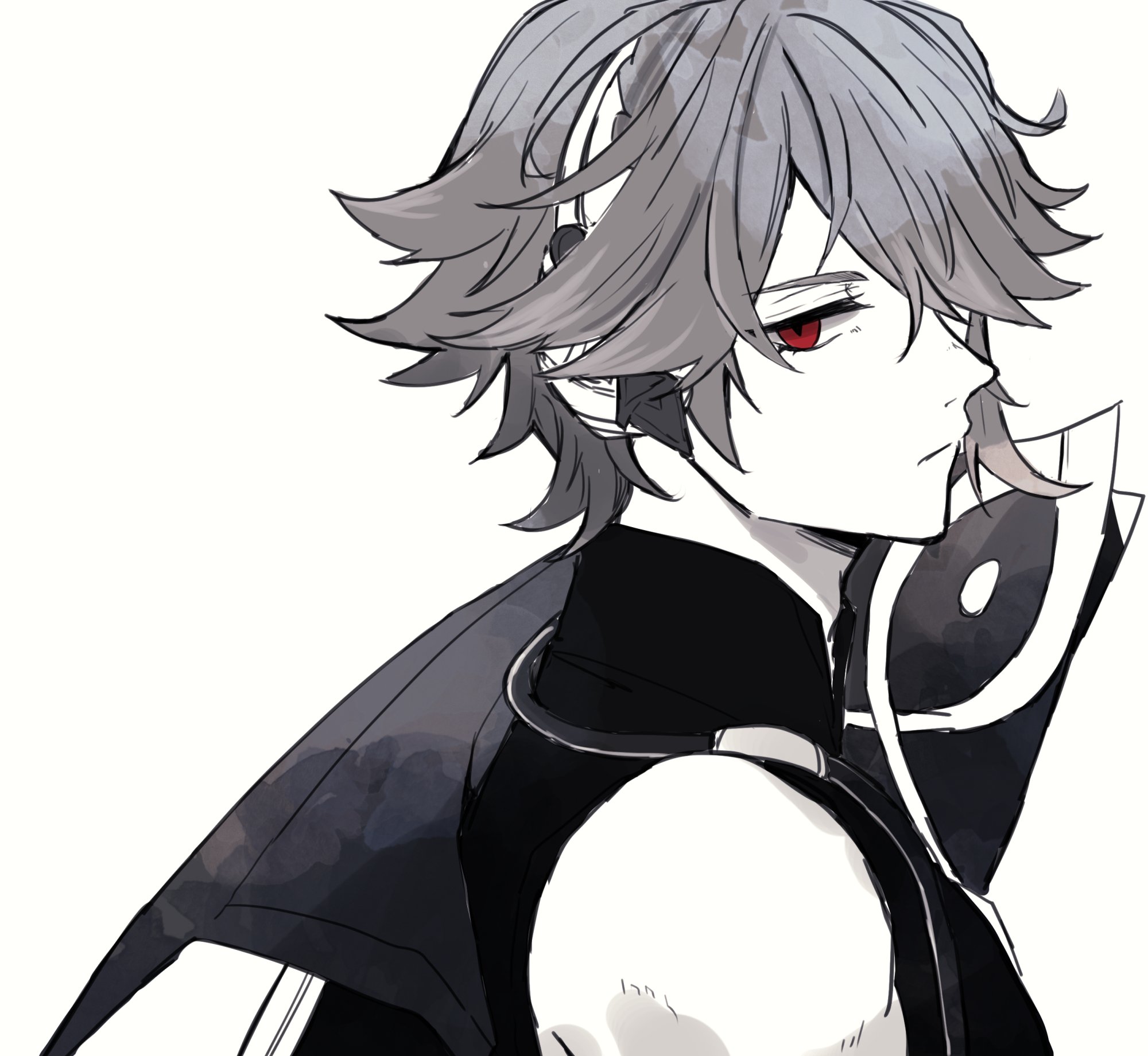 this is a black and white illustration of a young male anime character. he has grey, short hair, red eyes, and is wearing a black collar. he is looking to the side, and his expression is mysterious and cool.  the drawing style is simple and elegant.
