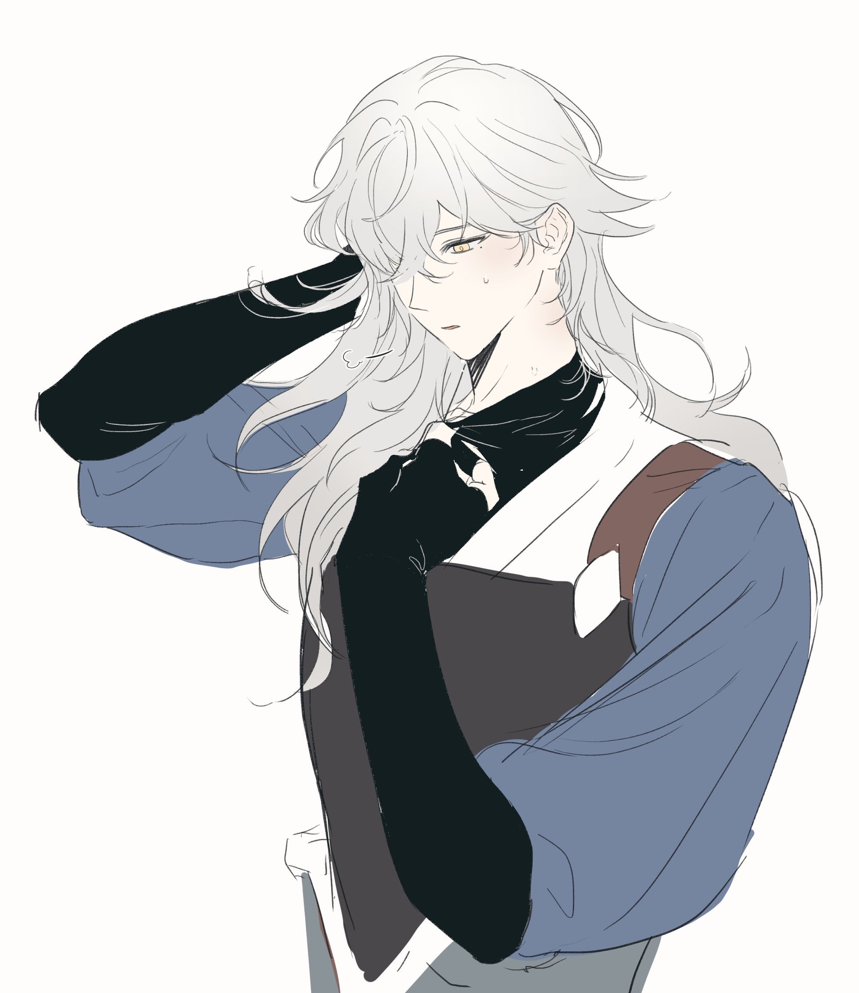 this is a digital illustration of a young anime boy with white hair and a black glove on his left hand, he's wearing a blue shirt with brown accents and looking down, the art is in black and white with the character being in shades of grey and brown, with the background being white.